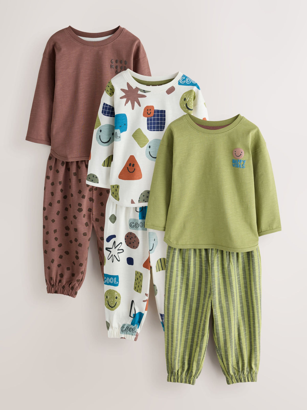Green/Ecru/Tan Smiley Shapes Oversized Pyjamas 3 Pack (9mths-10yrs)
