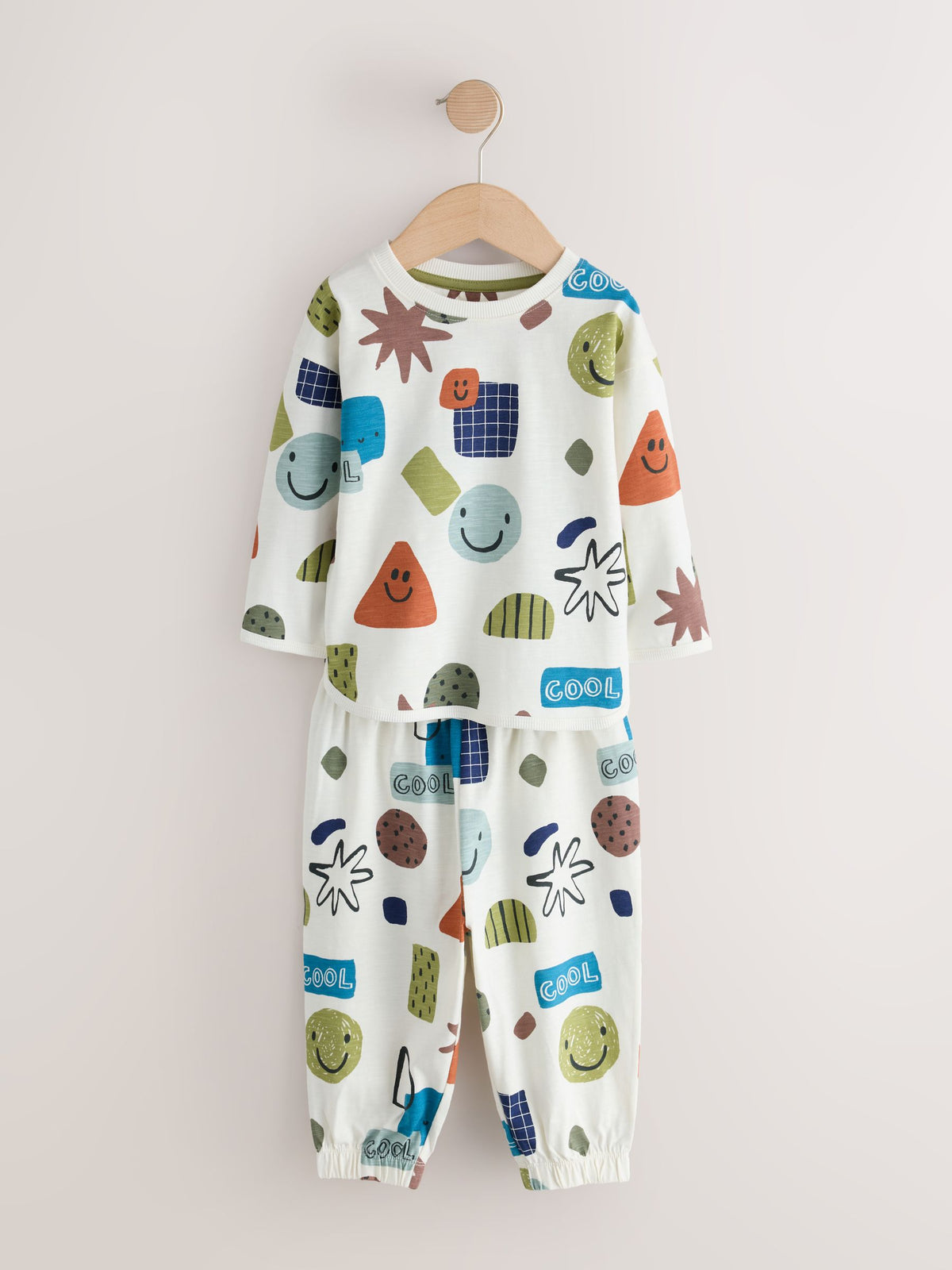Green/Ecru/Tan Smiley Shapes Oversized Pyjamas 3 Pack (9mths-10yrs)