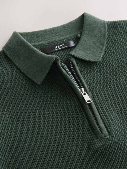 Dark Green Knitted Zip Neck Polo Shirt (3-16yrs)