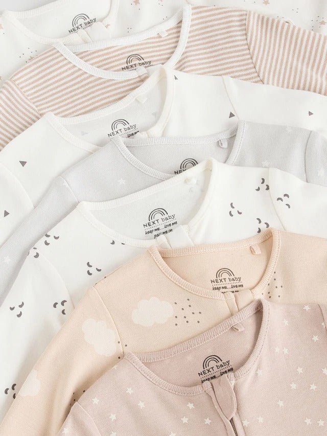 Neutral 7 Pack Two Way Zip Baby Sleepsuits (0-2yrs)