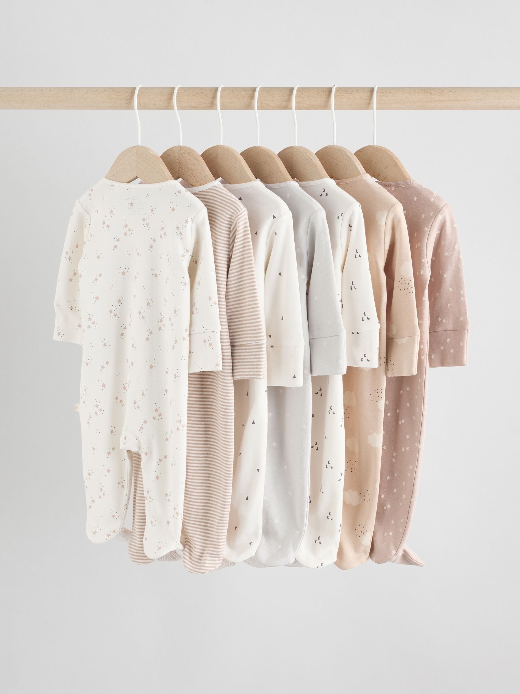 Neutral 7 Pack Two Way Zip Baby Sleepsuits (0-2yrs)
